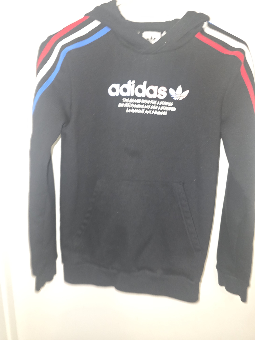 adidas Black Hoodie Sweater with Red & Blue Shoulder Stripes